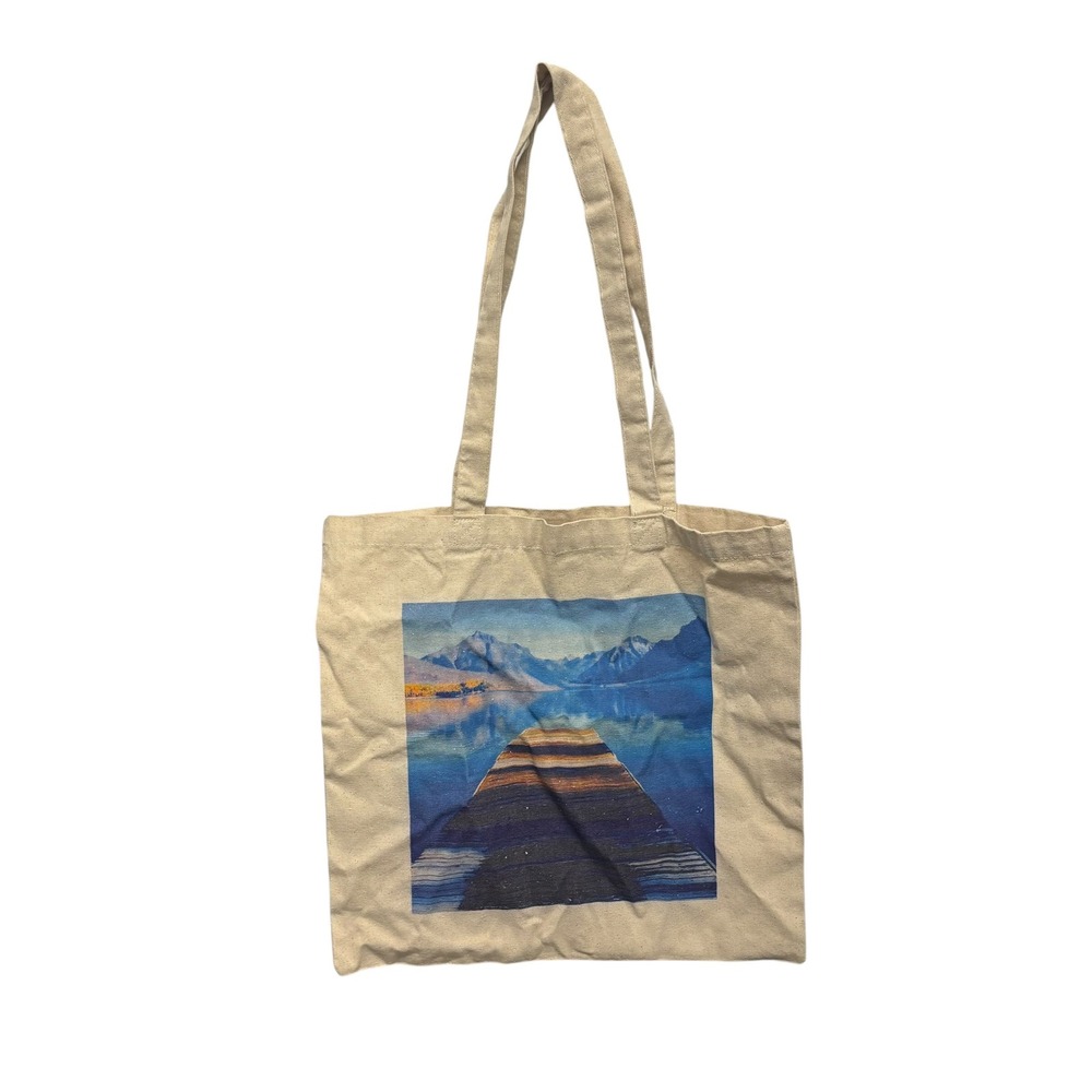 TMH Mountain Lake Dock Graphic Canvas Tote Bag Cream Cotton RN119933